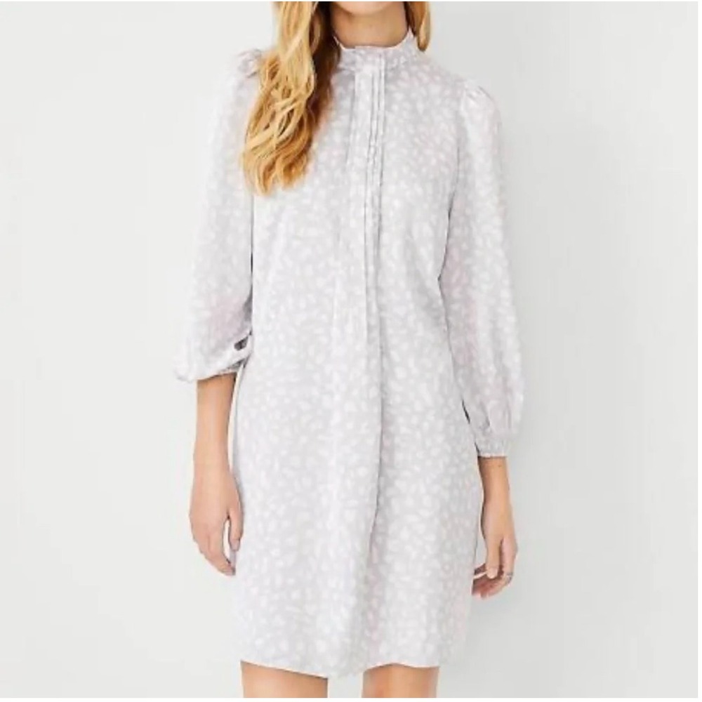 Ann Taylor Petite Animal Print Pleated Neck Puff Sleeve Shift Office Dress Small
